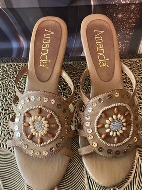 Amanda Tan Embellished Wedge Slide Sandals